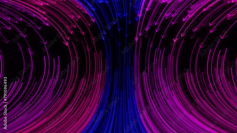 Poster curved neon arrows falling down and color changing animation.