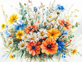 bouquet rotondo fatto di bellissimi fiori di primavera , Wedding design floreale, stile acquerello su sfondo bianco scontornbile - obrazy, fototapety, plakaty