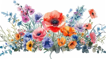 Poster bouquet rotondo fatto di bellissimi fiori di primavera , Wedding design floreale, stile acquerello su sfondo bianco scontornbile © garpinina