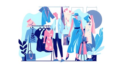 Main master designer creating fashion clothes designs and hanging it on coat rack. Fashion house, clothing design house, fashion production concept. Pinkish coral bluevector isolated illustration