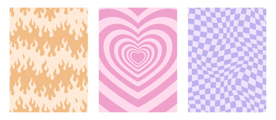 Vector set. Contemporary compositions with fire, heart, checkboard. Abstract y2k posters. Wall decor.