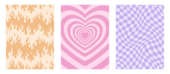 Vector set. Contemporary compositions with fire, heart, checkboard. Abstract y2k posters. Wall decor.
