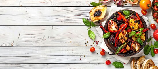 Bird's eye view of a vegetarian Mediterranean dish consisting of grilled fruits and vegetables placed on a white wooden picnic table with empty space for text. - Powered by Adobe
