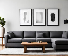 A paper size ISO frame mockup, Living room wall poster mockup, Interior house background mockup. Modern interior design in 3D rendering. Generative AI. V-14