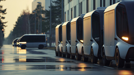 A logistics team developing a fleet of autonomous delivery vehicles for urban logistics. Quality, high level, reliability, team - obrazy, fototapety, plakaty