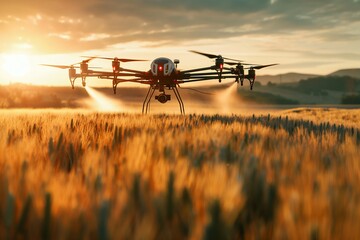 Drone spraying pesticide on wheat fields, drone spraying medicine at the field, drone at the field closeup, pesticide spraying at the farm
