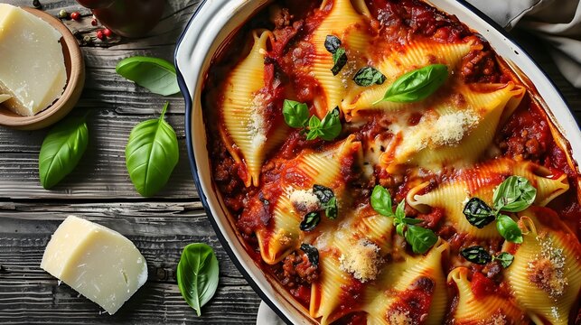 Italian baked stuffed pasta shells with bolognese meat sauce, basil, parmesan