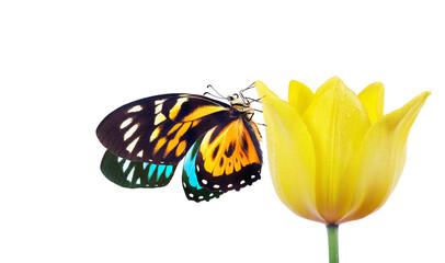 bright tropical butterfly on yellow tulip flower isolated on white