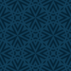 Vector modern geometric graphic texture. Elegant dark blue seamless pattern with lines, stars, arrows, grid, lattice, floral silhouettes. Simple abstract background. Subtle repeated dark geo design