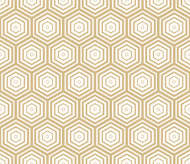 Vector golden seamless pattern with small hexagons, halftone lines, gradient transition effect. Gold and white abstract geometric background with hexagonal grid texture. Simple luxury repeated design