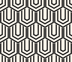 Vector geometric seamless pattern with hexagons, lines. Black and white abstract geometrical background with hexagonal grid. Simple monochrome texture. Repeated geo design for decor, print, textile