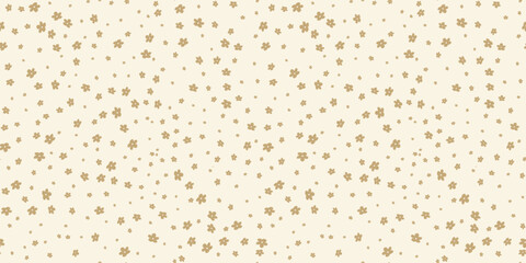 Golden ditsy pattern. Simple vector gold and white seamless ornament with small flowers. Elegant abstract floral background. Minimal luxury texture. Repeated design for decor, fabric, wallpaper, print