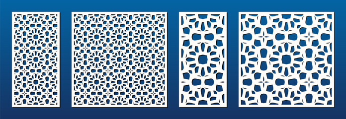 Laser cut patterns. Vector template with abstract geometric ornament in oriental style, floral grid, lattice. Decorative stencil panel for laser cutting of wood, metal, paper. Aspect ratio 1:2, 1:1
