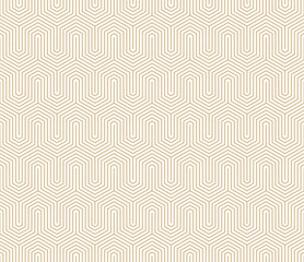 Golden vector geometric seamless pattern with thin lines, hexagon grid, quirky stripes. Gold and white abstract background. Simple modern minimal linear texture. Luxury repeated decorative geo design