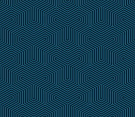 Subtle vector geometric seamless pattern with quirky lines, stripes, hexagons, cube grid. Trendy dark blue teal color abstract background. Simple modern linear texture. Repeated minimal geo design