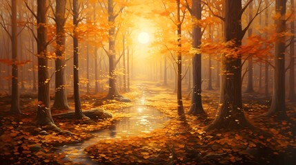 Autumn forest with fog and sun. Panoramic image.