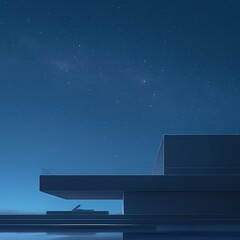 Contemporary Concrete Building Amid Starlit Sky with Reflection on Water's Surface
