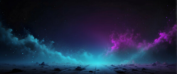 A fantasy landscape under a starry night sky filled with purple haze and cosmic energy