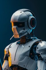 Fototapeta premium A futuristic robot wearing headphones works diligently on a laptop, showcasing the potential of artificial intelligence in content creation. The image highlights the role of AI in automating tasks