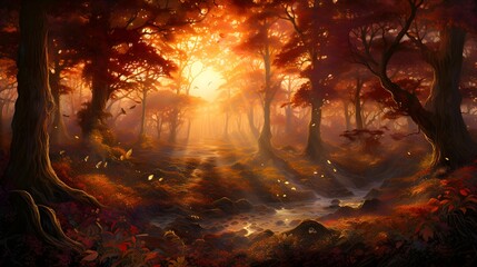 Autumn forest at sunset. Nature background. Panoramic image.