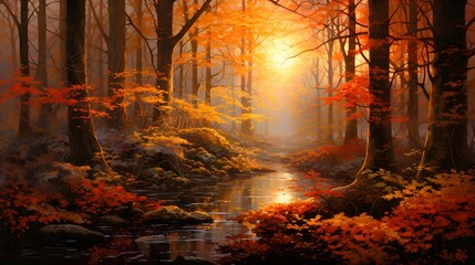 Autumn forest in the morning mist. Panoramic image.