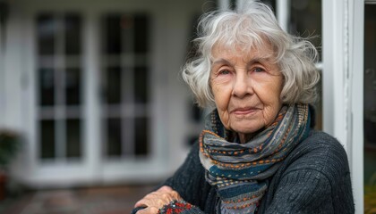 A portrait of the old woman with grey short hair, standing in front of the house, Sad sight.