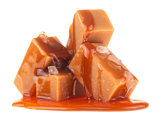 Delicious caramel candies and milk caramel sauce with sea salt isolated on a white background