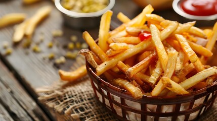 French fries in a basket with ketchup