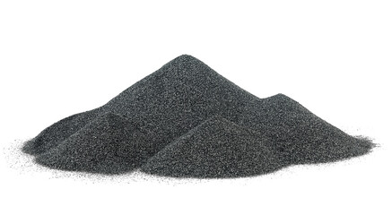 Pile of black quartz sand isolated on a white background. Crushed quartz is used in construction...