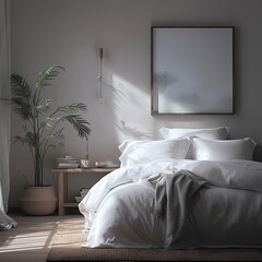 Indulge in the Elegance of a Spacious Bedroom Adorned with White Textures and Plush Bedding