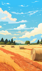 Fototapeta premium Summer Farmland Scene with Hay Bales