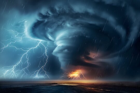 Dramatic and powerful tornado, Lightning thunderstorm flash over the night sky, Concept on topic weather, cataclysms, hurricane, Typhoon, tornado, storm