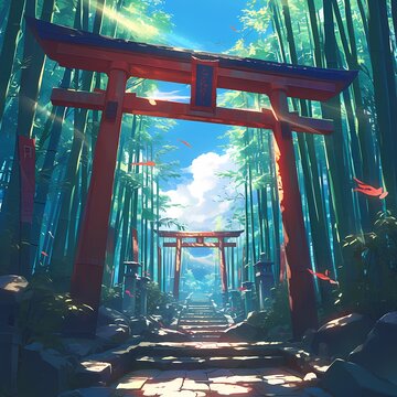 Explore the tranquil pathway lined with vibrant torii gates and towering bamboo stalks under a clear sky.