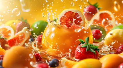 Vibrant orange commercial background with fruits and splashing water