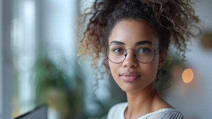 portrait of a afro american pretty female  student wearing glasses