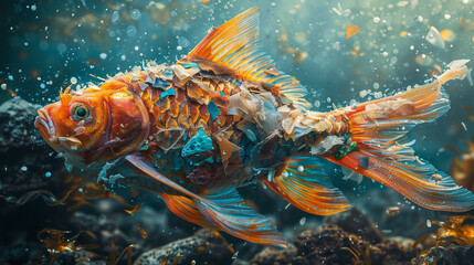 A fish with a blue tail and orange fins