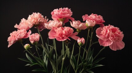 bouquet of pink peonies and pink carnations with stems and leaves against black background 