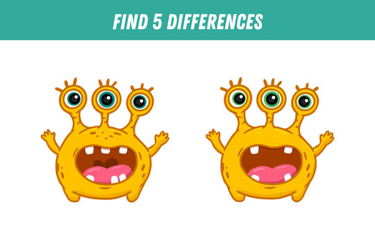  Find 5 differences between two pictures of cute yellow monster. Cute alien. 