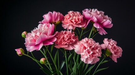 bouquet of pink peonies and pink carnations with stems and leaves against black background 