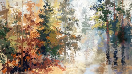 Impressionist Canvas of Autumn Forest: Abstract Blend of trees and Dappled Sunlight, background - obrazy, fototapety, plakaty