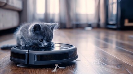 Cleaning theme, smart technology and pets. Automatic robot vacuum cleaner cleans the room, while gray Scotch kitten is played at home. Cat on robotic vacuum cleaner in house. Home automatic cleaning. - obrazy, fototapety, plakaty