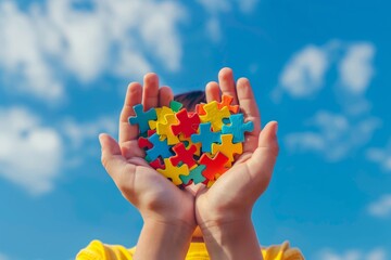 Boy hands holding colorful jigsaw puzzle heart on blue sky. Autism awareness, asd concept