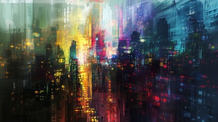 Cybernetic scape: Abstract Metropolis Flickering in Neon Pixels, background