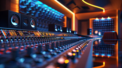 A studio with a large sound board and a neon orange wall - obrazy, fototapety, plakaty