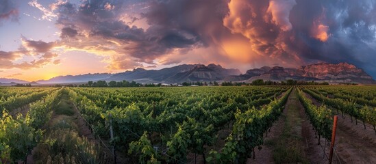 An expansive panoramic photograph capturing a summer vineyard at sunset.
