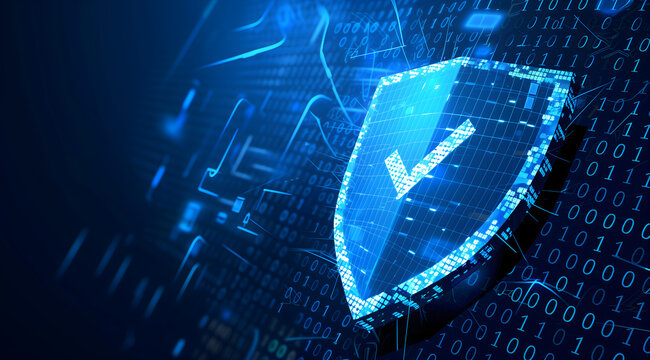 A shield with a check mark symbol in blue color on a digital background