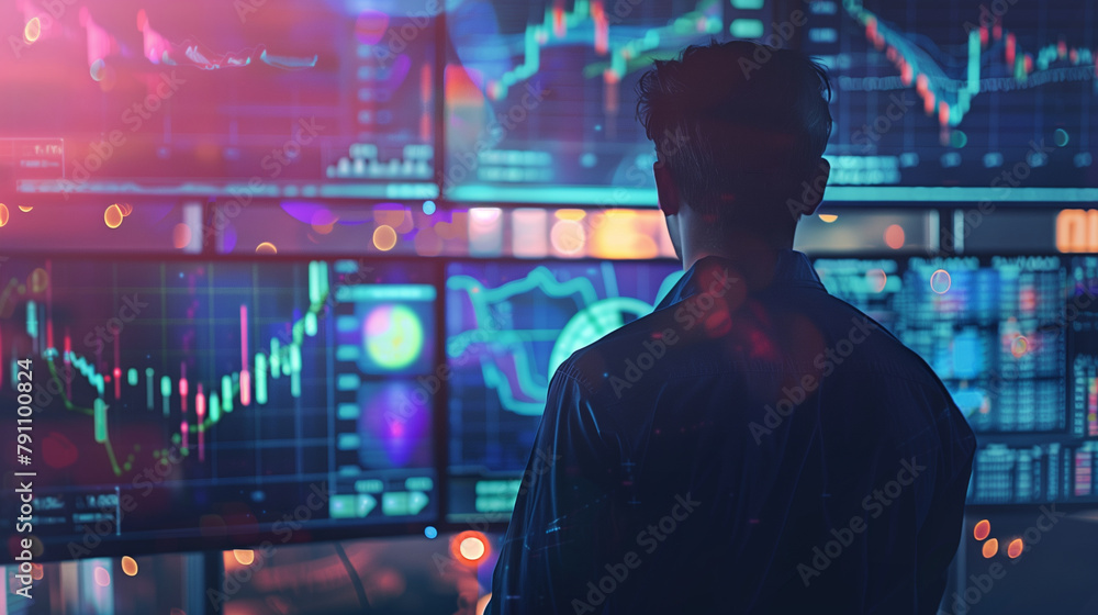 Poster a professional surrounded by multiple monitors, each displaying real-time market changes and predict