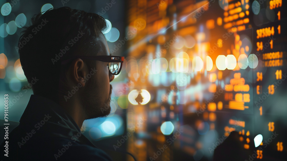 Poster an analyst observing an ai simulation that models various market scenarios to predict future trends 