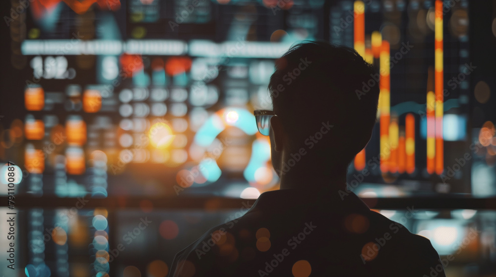 Poster an analyst observing an ai simulation that models various market scenarios to predict future trends 
