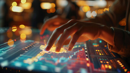 A person interacting with a touch-sensitive display that graphically represents AI-generated market analysis. , natural light, soft shadows, with copy space, blurred background